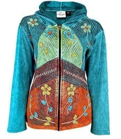 Blouson d'été pour femme en coton écologique respirant, à capuche zippée, avec broderie florale et rayures aux couleurs vives, en peau de mouton tissée