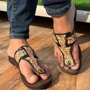 จริงทําด้วยมือของแท้ผู้หญิงสไตล์ตะวันตกTooled Cowhideหนังสบายๆกลางแจ้งFlipflopแบนสีน้ําตาลรองเท้าเปิดนิ้วเท้ารองเท้าแตะ - Product Image 4