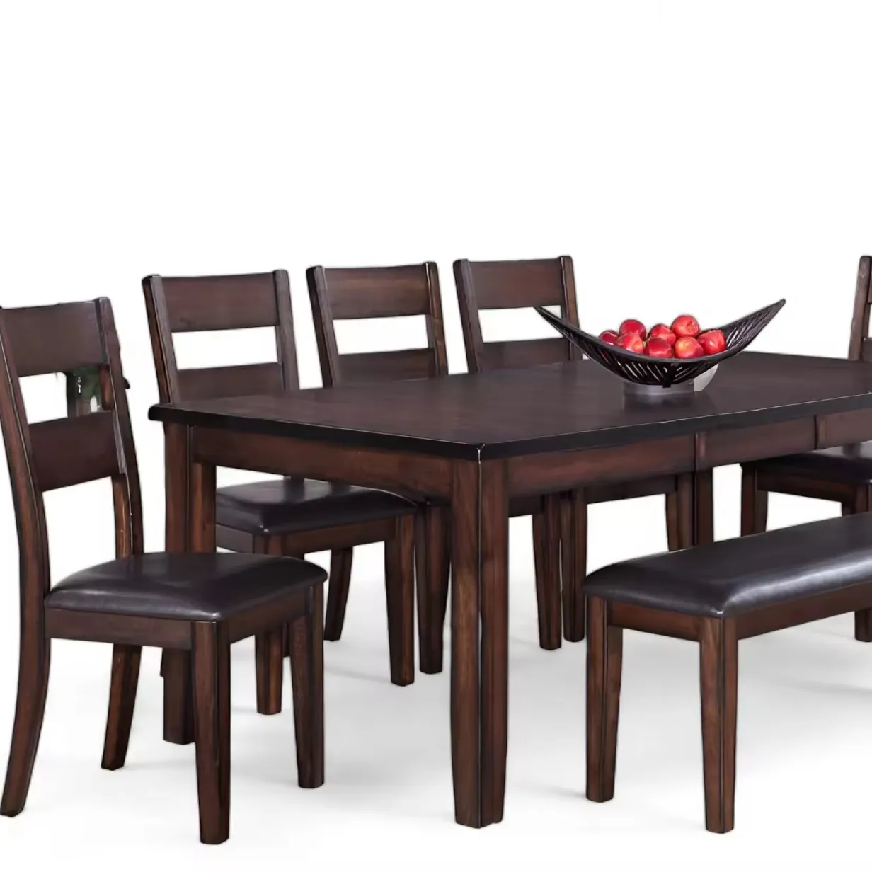 Der 6-teiliges, traditionellem Stil-ausziehbares Esstisch-Set mit 1 × 18 Zoll Blatttisch und 6 Stühlen und einer Bank