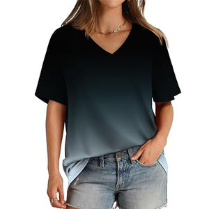 Femmes été Ombre gris vente en gros à manches courtes T-Shirts broderie décoration respirant toile col en v Style - Product Image 1