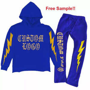 Ensemble survêtement pour homme en polyester/coton personnalisé, avec logo, pantalon de survêtement lourd, pantalon de survêtement évasé, ensemble sweat-shirt, tissé, décontracté, uni - Product Image 3