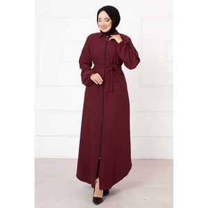 Conjunto Abaya de Mujer Rojo Claret con Manga Elástica y Cuello Camisero - Product Image 4