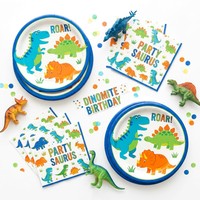 Ensemble complet de vaisselle de fête sur le thème des dinosaures - 24 assiettes, gobelets et serviettes en papier jetables pour la décoration d'anniversaire d'un garçon