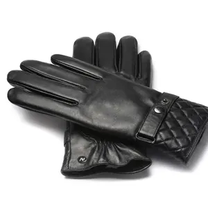 Chính hãng da mùa đông Găng tay với Snap Nút đóng cửa chần thiết kế màu đen Windproof găng tay ấm áp cho nam giới