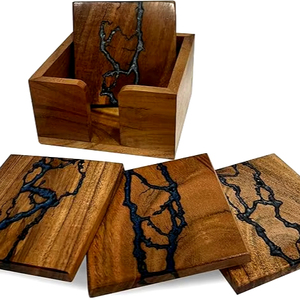 Royal Look Wood <b>Epoxy</b> Coaster Set Woven Round Design Beaded Pad Square Jute Mat for Hotel Restaurant <b>Table</b> Decorative Gift Item - Product Image 1