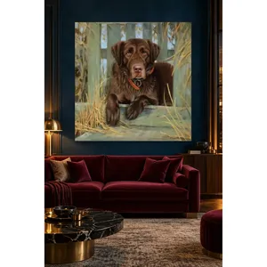 Impression sur toile de Fida, un Labrador chocolat couché devant une clôture en bois - Product Image 3