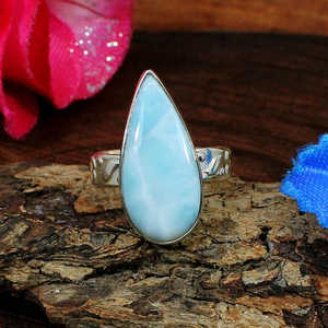 Vente en gros de bague en argent sterling 92.5 faite à la main avec pierre précieuse Larimar coupe géométrique plaqué rhodium bijoux fins - Product Image 3
