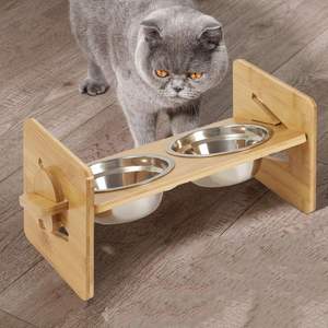 Anti-Vomiting Elevated Cat <b>Bowls</b> Double Stainless Steel Tilted <b>Raised</b> Feeder Adjustable Bamboo Wood Stand Wholesale Supplier - Product Image 6