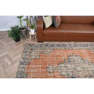 Tapis vintage 5,2 x 8,2 pieds, grand tapis turc, tapis oriental en laine orange et bleu - Product Image 3
