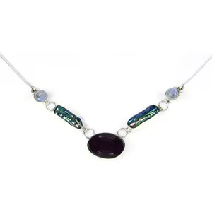 Collier pendentif pour femme en acier inoxydable argenté avec pierre ovale améthyste, chaîne serpent, pour usage quotidien, cadeau, Rajasthan - Product Image 2
