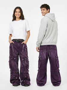 Loose Fit Unisex <b>Burgundy</b> Vintage Washed Denim Cargo Pants Wide Leg Streetwear Utility Zipper Pocket High Quality Denim Pants - Product Image 2