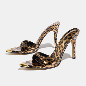 Open-toe pointed-toe leopard print low heeled slip on summer sexy golden beachwear summer <b>sandals</b> with high heels for women - Product Image 1