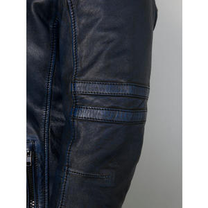 Célèbre marque hommes moto en cuir véritable veste agneau Nappa avec rayures col rond haute qualité fermeture éclair vêtements d'extérieur pour hommes - Product Image 2