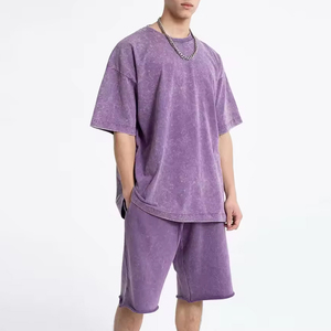 Haute qualité 100% coton goutte épaule lavage à l'acide T-Shirt ensemble Streetwear Style décontracté taille élastique grande taille Logo personnalisé Shorts - Product Image 3