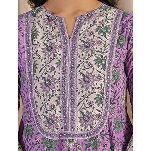 Vestido Anarkali de Algodón Estampado a Mano en Gris Púrpura, Sari Indio para Fiestas con Bordado a Mano - Product Image 2