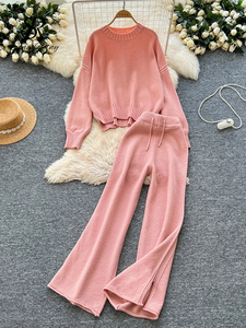 Conjuntos de ropa de descanso informal para mujer de otoño, Jersey sólido, pantalón largo dividido elástico, suéter holgado de calle alta, trajes de dos piezas de maternidad - Product Image 6