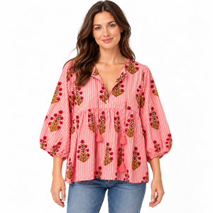 Blusa Casual de Algodón Puro con Estampado Artesanal Hindú, Cuello Redondo, Diseño Floral Bohemio, Ecológica y de Secado Rápido para Otoño/Verano - Product Image 1