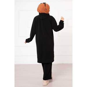 ชุดกางเกงขาสั้นปักลายมีฮู้ดสำหรับผู้หญิง2ชิ้นเสื้อสีดำขนาด XS ทรงหลวมยาวเท่าเข่า - Product Image 2