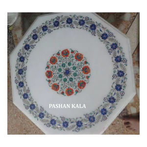 Mesa de Trabajo con Incrustaciones de Mármol Blanco y Lapislázuli en Forma Octagonal, Ideal para Decoración del Hogar y Restaurantes - Product Image 1