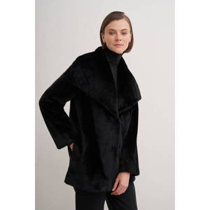Abrigo de Piel de Chinchilla con Cuello Mao - Abrigo Largo de Cuero Genuino Negro Talla Grande - Product Image 2