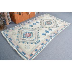 Alfombra Turca Vintage de 4.2x7.4 pies (128x225 cm), Alfombra a Rayas Azul y Blanca - Product Image 2