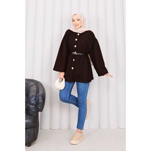 Manteau en cachemire vintage boutonné doré pour femme, taille XS, imprimé café, long, taille froncée, pour bureau, en laine et fourrure vintage, idéal hiver-printemps - Product Image 1
