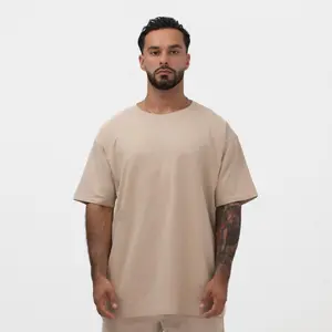 Camiseta masculina de grandes dimensões com logotipo bordado personalizado por atacado 240g 100% algodão cinza ombros caídos