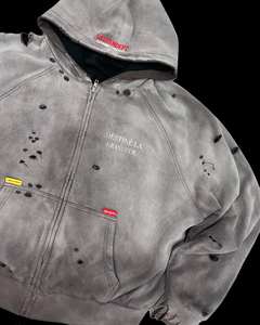 Acid Wash Drop Shoulder Hoodie para hombres Oversized Fit apliques bordados desgastados Zip up French Terry 480gsm Sudadera con capucha personalizada - Product Image 2