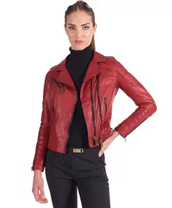 100% Schaf geste ppte Lederjacke Luxus Frauen Classic Zipper Motorrad Slim Sexy rote Lederjacken für Mädchen im Teenager alter