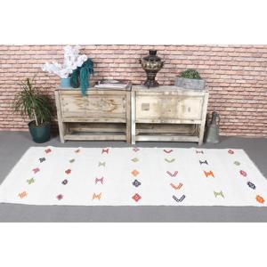 Tapis turc vintage 3x7,7 pieds, tapis en laine blanche Kilim - Product Image 2