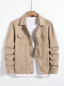 แจ็กเก็ตยีนส์สีเทาของผู้ชายทรงหลวมปกคอปกแบบลำลองดีไซน์กระดุมแถวเดียวซักได้พร้อมกระเป๋า - Product Image 2