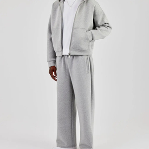Men's Gray Hooded Tracksuit Full <b>Zip</b> Sweatshirt and Pants Set Casual Loose Fit Solid Color 100% Cotton Autumn Wear - Product Image 2