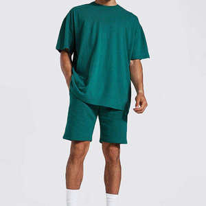 Ensemble short et t-shirt décontracté pour homme, col rond, tricoté, brodé, écologique, léger, 100 % coton, imprimé numérique, idéal pour l'été - Product Image 1