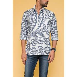 Camisa con estampado Ikat azul hecha a mano cómoda 100% algodón Floral verano Casual ropa de playa bloque impreso con colores azul blanco - Product Image 6