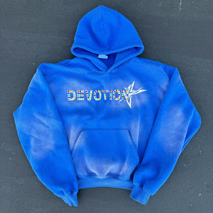 2025 venta al por mayor OEM invierno recortado crudo dobladillo Sudadera con capucha personalizado francés Terry DTG impresión diamantes de imitación Unisex 100% algodón Azul Rojo - Product Image 1