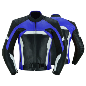 Chaqueta de motociclismo de cuero negro/azul/blanco de piel auténtica para hombre, protecciones CE, chaqueta de moto de carreras para hombre - Product Image 1