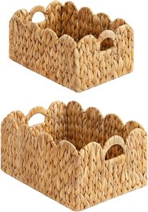 Ensemble de 2 paniers rectangulaires en jacinthe tressée à la main avec bord festonné et poignée découpée pour l'organisation et la décoration de la chambre d'enfant, du salon, de la chambre à coucher, de l'hôtel - Product Image 4
