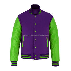 Blouson universitaire OEM 2026 en laine violette de qualité supérieure avec manches en cuir vert pour homme – 100 % haute qualité, faible MOQ, vestes chauffantes tendance - Product Image 1