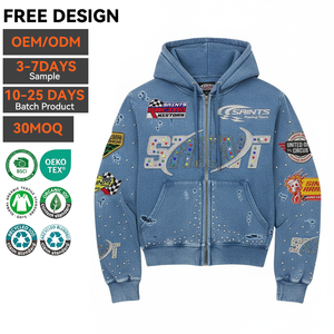 Y2K Zipper Pullover Hoodie 100% Cotton Solid Heavyweight Oversized Acid <b>Wash</b> Vintage Distressed Pocket Plain Custom Logo Blank - Product Image 2