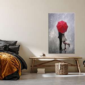Tableau sur toile imprimé avec un couple élégant sous un parapluie rouge - Décoration moderne, toile encadrée - Product Image 1