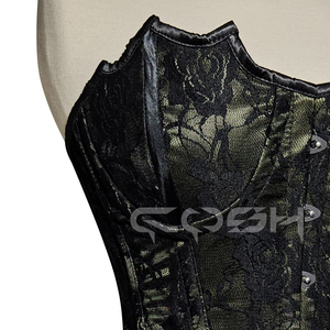 Corset en satin vert olive de haute qualité avec superposition de dentelle noire, doté de baleines en acier et de fermeture à boucle frontale. - Product Image 4
