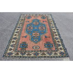 Alfombra Kilim turca Vintage 5,2 X 7.2ft Rectángulo clásico Azul Naranja Diseño de retazos Material de lana Látex Técnica de tejido plano - Product Image 1