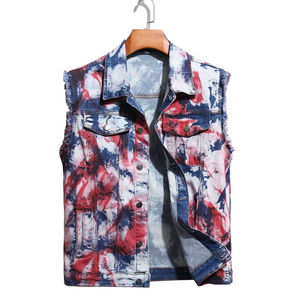 Gilet sans manches rétro avec impression par sublimation, gilet en jean boutonné pour motocyclistes pour adultes - Product Image 1