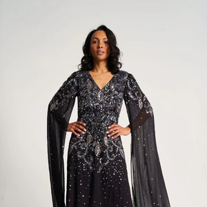 Vestido de Noche Vintage para Mujer, Largo hasta el Suelo, con Cuentas y Lentejuelas, Diseño Sólido, Mangas Largas, para Banquetes, Fiestas y Salidas Informales - Product Image 1