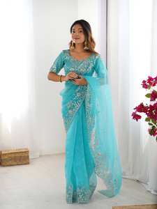 Sari de Diseño Bollywood de Seda Organza Pesada con Elegante Bordado de Hilo y Lentejuelas, Largo hasta el Suelo, para Fiestas y Eventos - Product Image 2