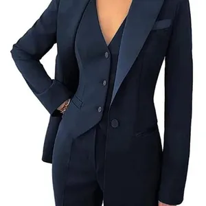 Nueva mejor calidad personalizada diseñador azul mujer 3 piezas Tweed traje chaqueta Blazer pantalón vestido de talla grande