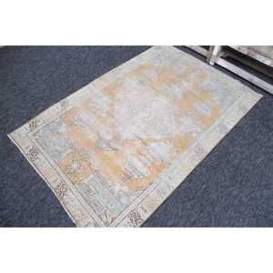 Turkish Vintage Rug, 3.9x6.1 ft Rug Rug, <b>Yellow</b> Brown Geometric Rug - Product Image 2