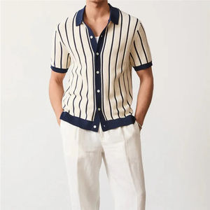 เสื้อโปโลลายทางสำหรับผู้ชายสำหรับฤดูร้อนใหม่เสื้อโปโลถักแขนสั้นเย็บติดกันแฟชั่นปกสองชั้นแบบสมาร์ทลำลองเสื้อถักสำหรับผู้ชาย - Product Image 2