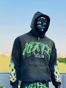 Conjunto de Sudadera y Pantalones de Chándal de Invierno Personalizado con Cremallera, Estilo Distressed, Lavado Ácido, Bordado con Pedrería, Oversize - Product Image 2