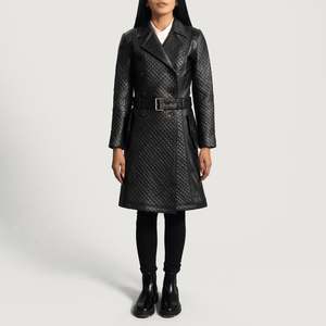 Abrigo de Gabardina Vintage Sweet Susan en Cuero Genuino Negro con Capucha y Relleno de Algodón, Largo e Impermeable para Otoño y Primavera - Product Image 3